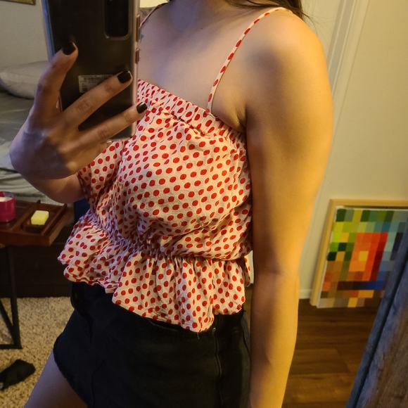 Polka dot top ruffle crop top straight nec… - Picture 3 of 8